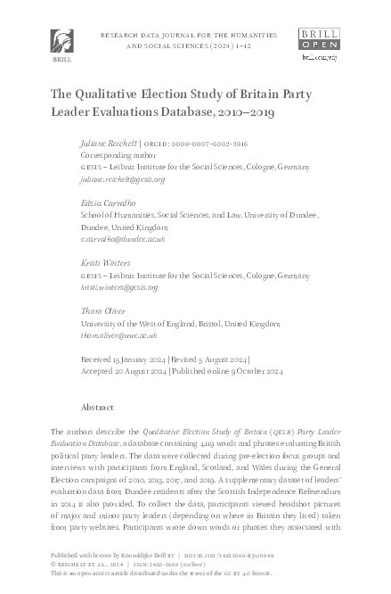 The qualitative election study of Britain party leader evaluations database, 2010-2019 Thumbnail