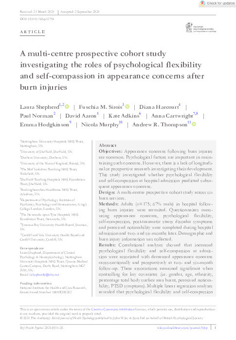 A multi‐centre prospective cohort study investigating the roles of psychological flexibility and self‐compassion in appearance concerns after burn injuries Thumbnail