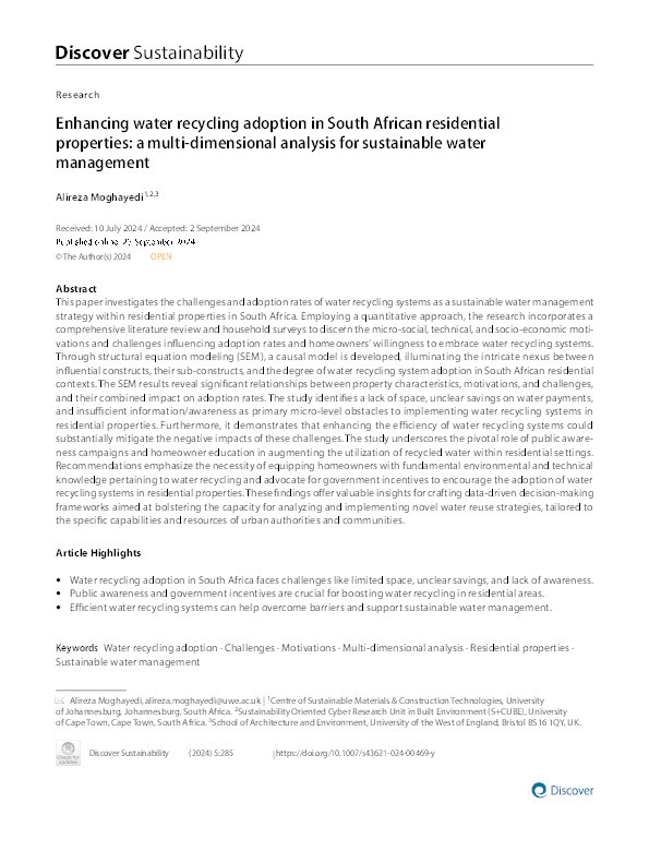 Enhancing water recycling adoption in South African residential properties: a multi-dimensional analysis for sustainable water management Thumbnail