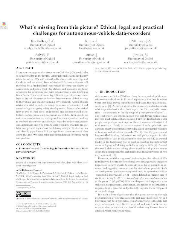 What's missing from this picture? Ethical, legal, and practical challenges for autonomous-vehicle data-recorders Thumbnail