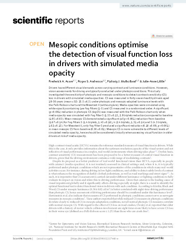 Mesopic conditions optimise the detection of visual function loss in drivers with simulated media opacity Thumbnail