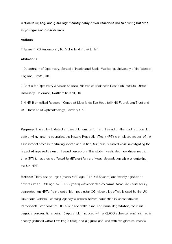 Optical blur, fog, and glare significantly delay driver reaction time to driving hazards in younger and older drivers Thumbnail
