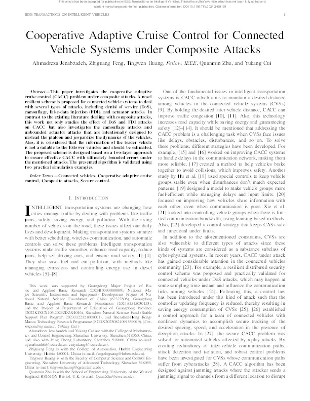 Cooperative adaptive cruise control for connected vehicle systems under composite attacks Thumbnail