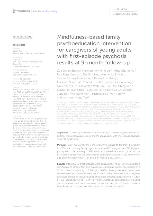 Mindfulness-based family psychoeducation intervention for caregivers of young adults with first-episode psychosis: Results at 9-month follow-up Thumbnail