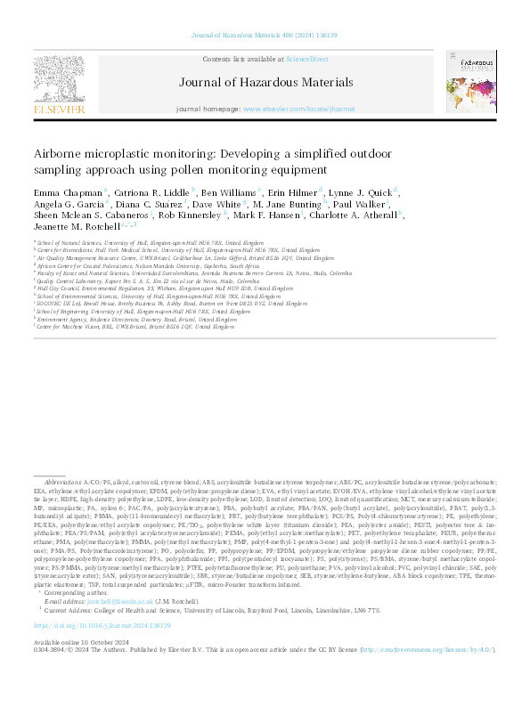 Airborne microplastic monitoring: Developing a simplified outdoor sampling approach using pollen monitoring equipment Thumbnail