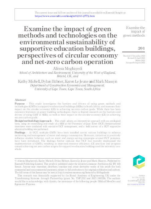 Examine the impact of green methods and technologies on the environmental sustainability of supportive education buildings, perspectives of circular economy and net-zero carbon operation Thumbnail