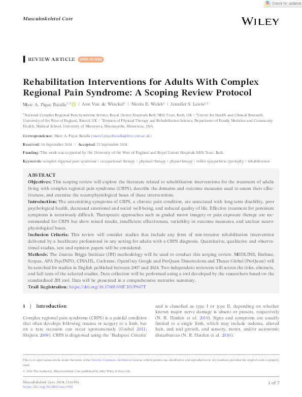 Rehabilitation interventions for adults With complex regional pain syndrome: A scoping review protocol Thumbnail