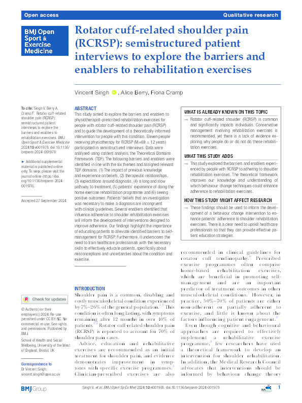 Rotator cuff-related shoulder pain (RCRSP): Semistructured patient interviews to explore the barriers and enablers to rehabilitation exercises Thumbnail