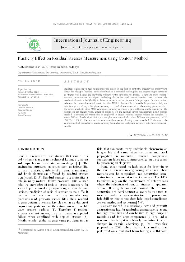 Plasticity effect on residual stresses measurement using contour method Thumbnail