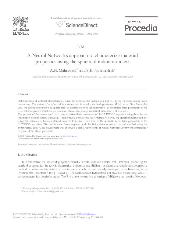 A neural networks approach to characterize material properties using the spherical indentation test Thumbnail