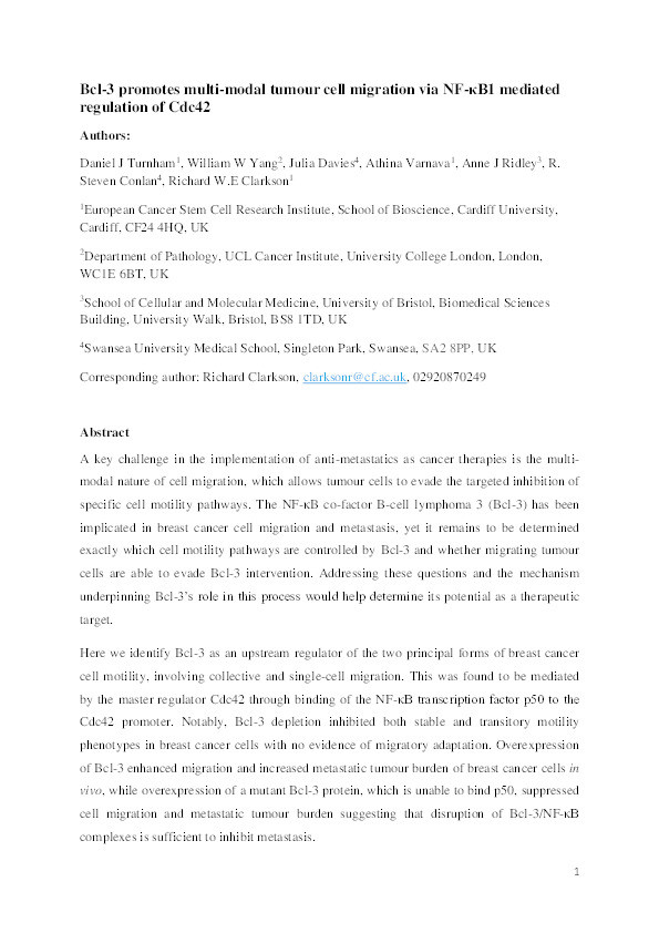 Bcl-3 promotes multi-modal tumour cell migration via NF-κB1 mediated regulation of Cdc42 Thumbnail