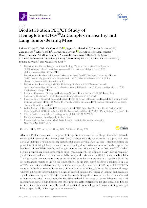 Biodistribution PET/CT study of Hemoglobin-DFO-89Zr complex in healthy and lung tumor-bearing mice Thumbnail