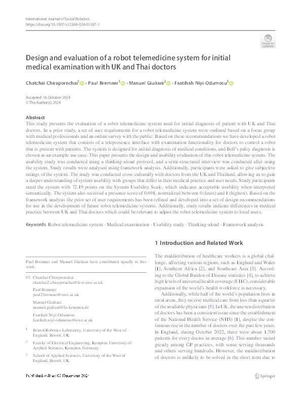 Design and evaluation of a robot telemedicine system for initial medical examination with UK and Thai doctors Thumbnail