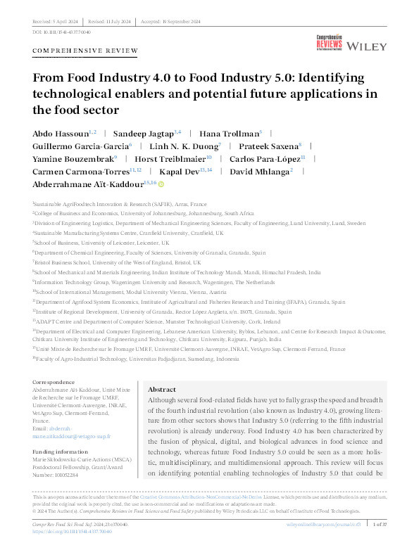 From Food Industry 4.0 to Food Industry 5.0: Identifying technological enablers and potential future applications in the food sector Thumbnail