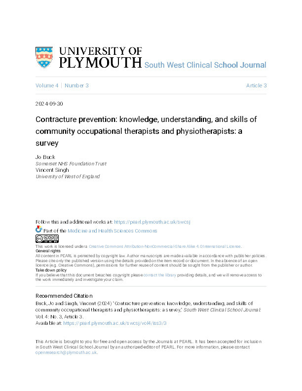 Contracture prevention: Knowledge, understanding, and skills of community occupational therapists and physiotherapists: A survey Thumbnail