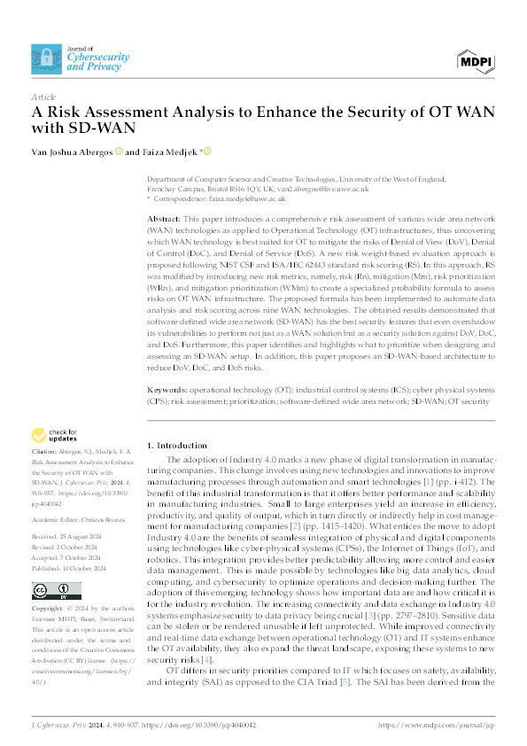 A risk assessment analysis to enhance the security of OT WAN with SD-WAN Thumbnail