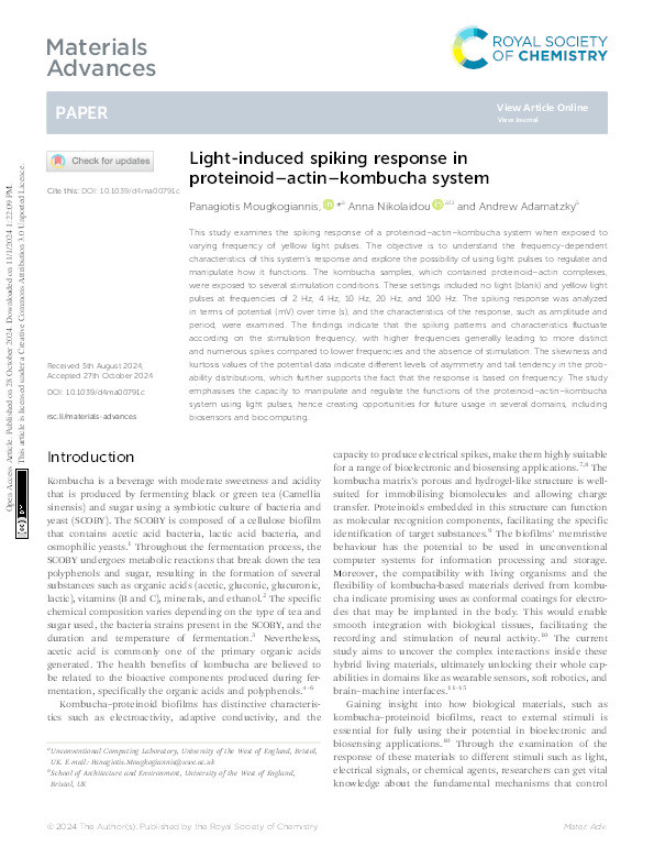 Light-induced spiking response in proteinoid-actin-kombucha system Thumbnail