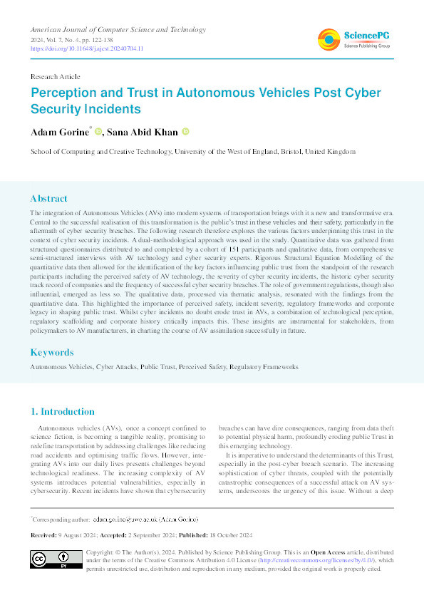 Perception and trust in autonomous vehicles post cyber security incidents Thumbnail