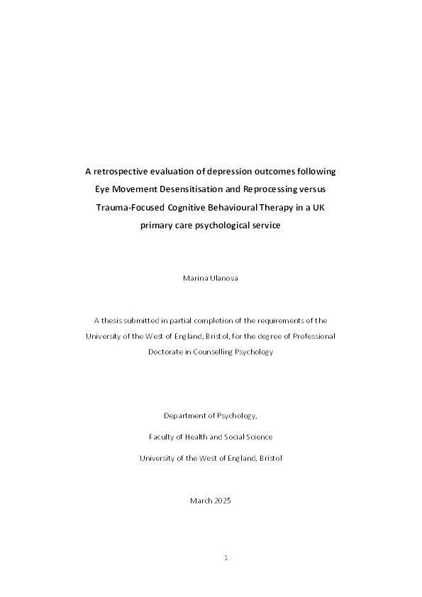 A retrospective evaluation of depression outcomes following Eye Movement Desensitisation and Reprocessing versus Trauma Focused Cognitive Behavioural Therapy in a UK primary care psychological service Thumbnail