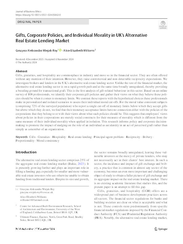 Gifts, corporate policies and individual morality in UK’s alternative real estate lending market Thumbnail