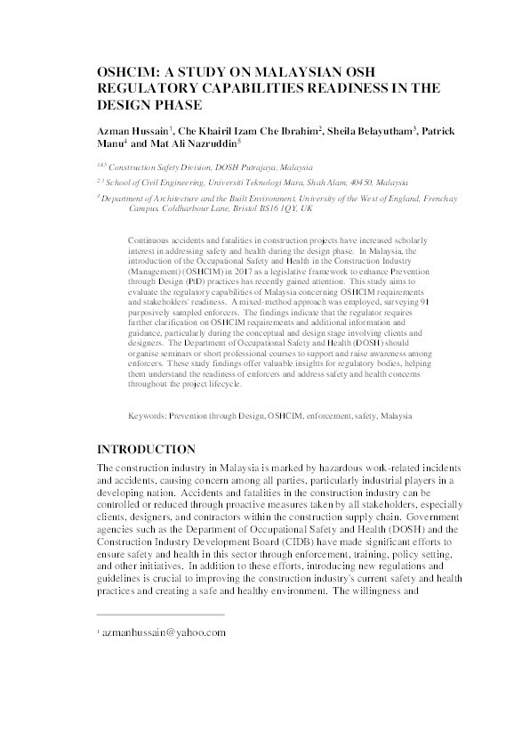 OSHCIM: A study on Malaysian occupational safety and health regulatory capabilities readiness in the design phase Thumbnail