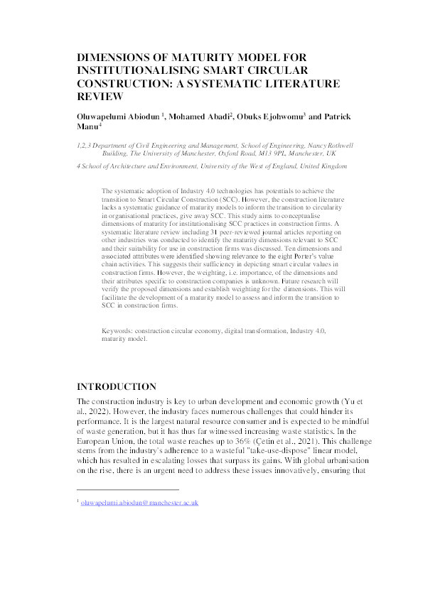 Dimensions of maturity model for institutionalising Smart Circular Construction: A systematic literature review Thumbnail