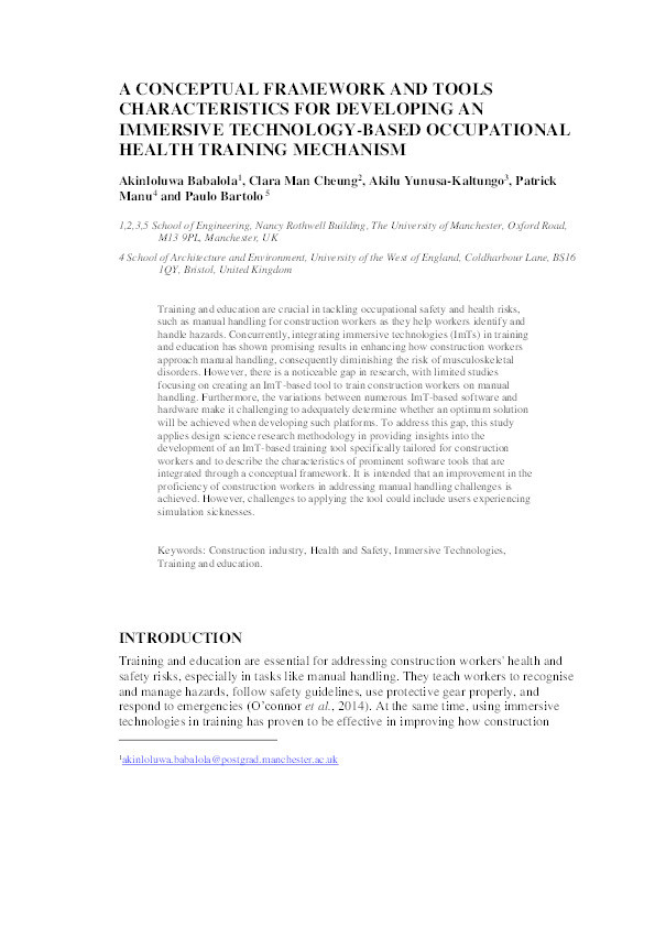 A conceptual framework and tools characteristics for developing an immersive technology-based occupational health training mechanism Thumbnail