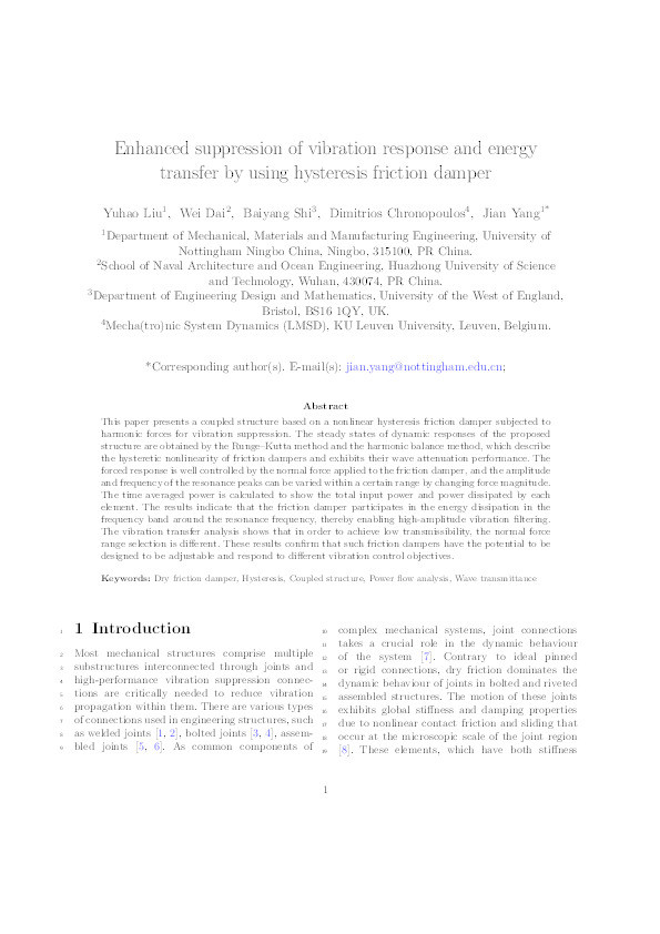 Enhanced suppression of vibration response and energy transfer by using nonlinear hysteresis friction damper Thumbnail