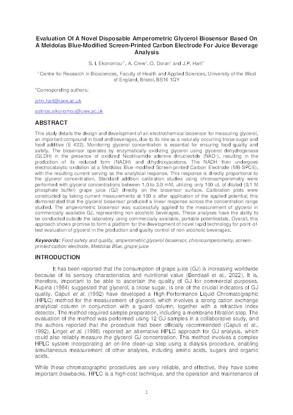 Evaluation of a novel disposable amperometric glycerol biosensor based on a meldolas blue-modified screen-printed carbon electrode for juice beverage analysis Thumbnail