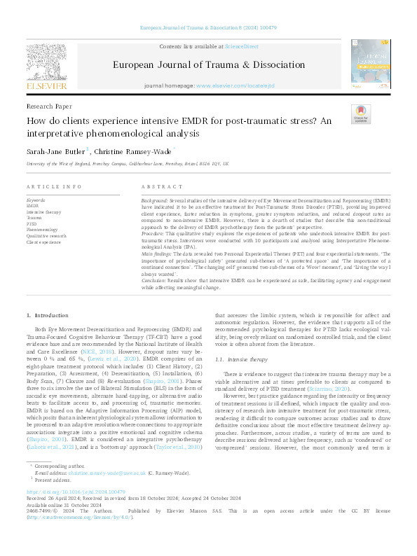 How do clients experience intensive EMDR for post-traumatic stress? An interpretative phenomenological analysis Thumbnail