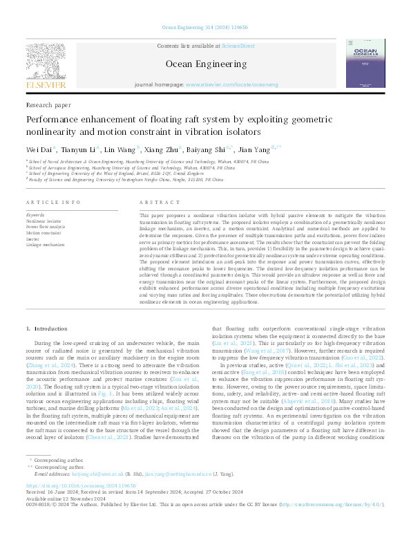 Performance enhancement of floating raft system by exploiting geometric nonlinearity and motion constraint in vibration isolators Thumbnail