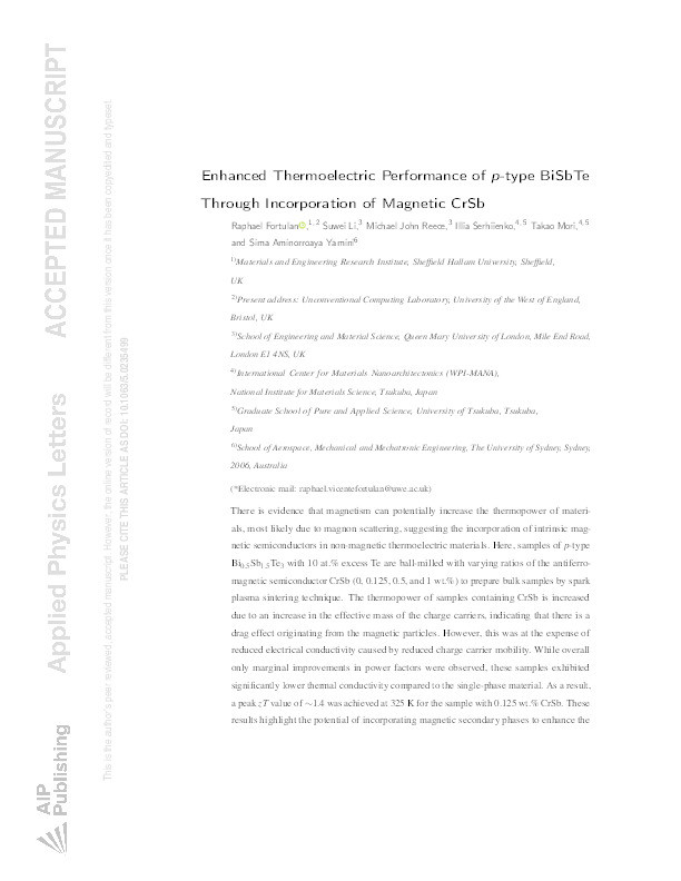 Enhanced thermoelectric performance of p-type BiSbTe through incorporation of magnetic CrSb Thumbnail