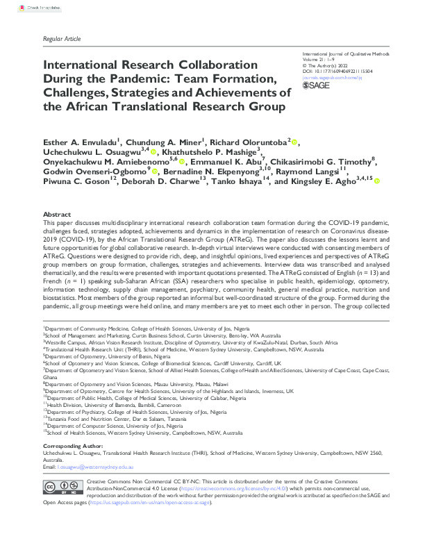 International research collaboration during the pandemic: Team formation, challenges, strategies and achievements of the African translational research group Thumbnail