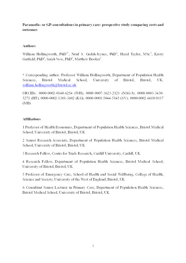 Paramedic or GP consultations in primary care: Prospective study comparing costs and outcomes Thumbnail