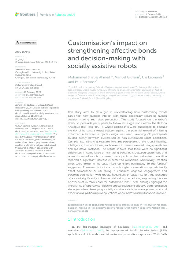 Customisation’s impact on strengthening affective bonds and decision-making with socially assistive robots Thumbnail