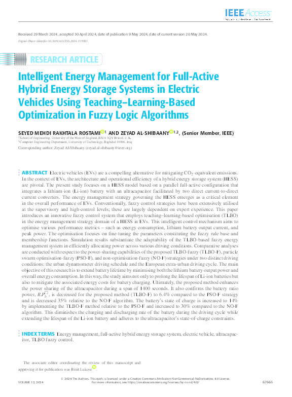 Intelligent energy management for full-active hybrid energy storage systems in electric vehicles using teaching–learning-based optimization in fuzzy logic algorithms Thumbnail