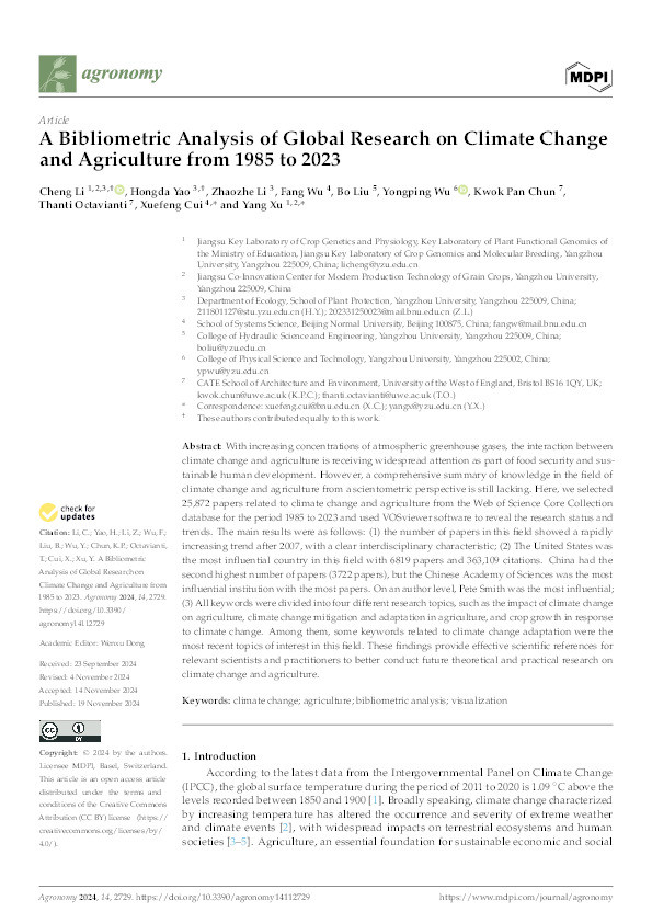 A bibliometric analysis of global research on climate change and agriculture from 1985 to 2023 Thumbnail