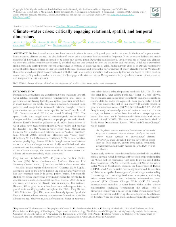 Climate–water crises: Critically engaging relational, spatial, and temporal dimensions Thumbnail