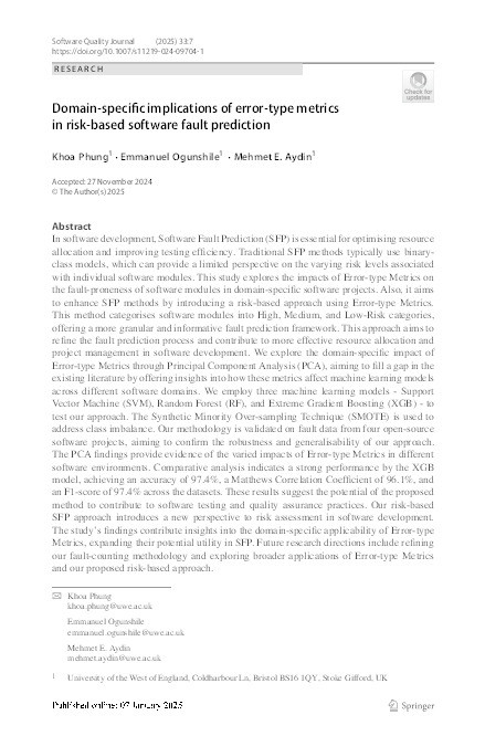 Domain-specific implications of error-type metrics in risk-based software fault prediction Thumbnail