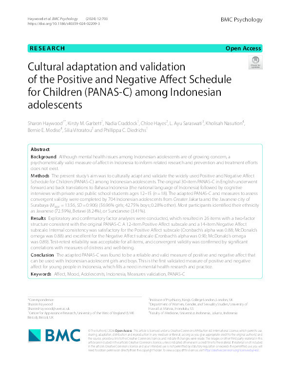 Cultural adaptation and validation of the Positive and Negative Affect Schedule for Children (PANAS-C) among Indonesian adolescents Thumbnail