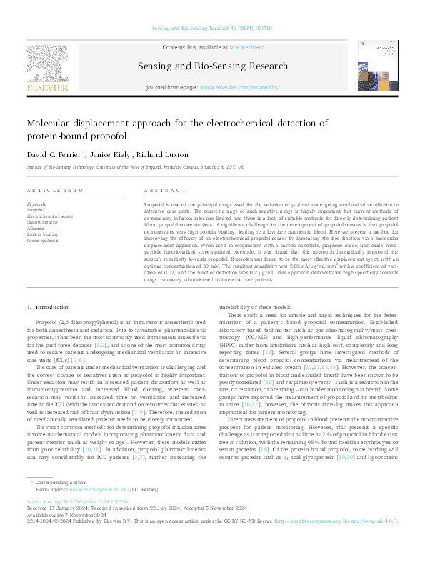 Molecular displacement approach for the electrochemical detection of protein-bound propofol Thumbnail