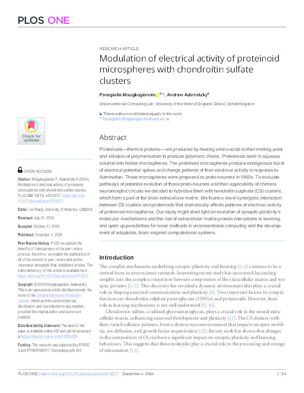 Modulation of electrical activity of proteinoid microspheres with chondroitin sulfate clusters Thumbnail