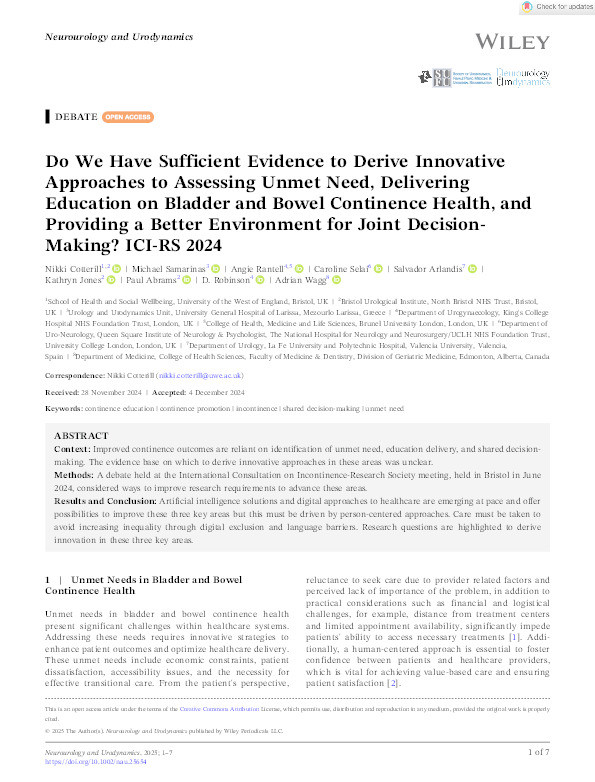 Do we have sufficient evidence to derive innovative approaches to assessing unmet need, delivering education on bladder and bowel continence health, and providing a better environment for joint decision-making? ICI-RS 2024 Thumbnail