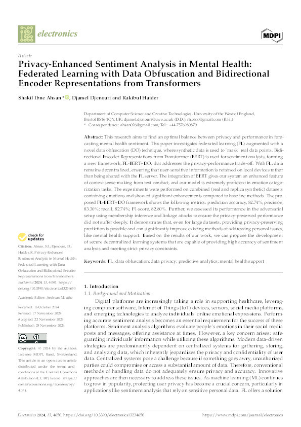 Privacy-enhanced sentiment analysis in mental health: Federated learning with data obfuscation and bidirectional encoder representations from transformers Thumbnail