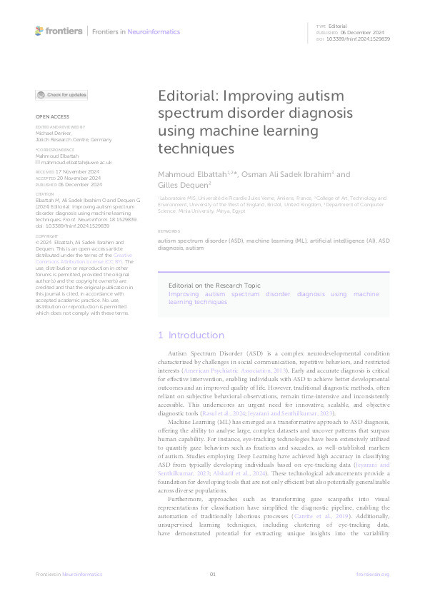 Editorial: Improving autism spectrum disorder diagnosis using machine learning techniques Thumbnail