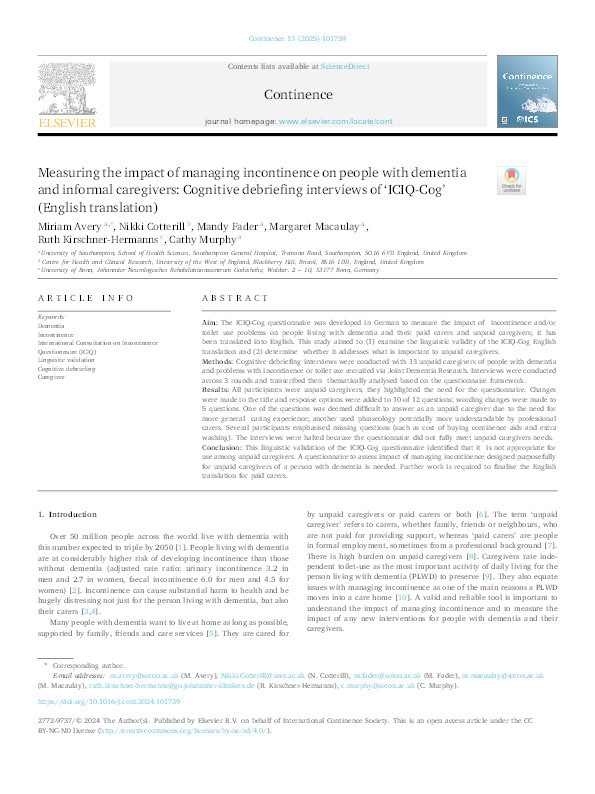 Measuring the impact of managing incontinence on people with dementia and informal caregivers: Cognitive debriefing interviews of ‘ICIQ-Cog’ (English translation) Thumbnail