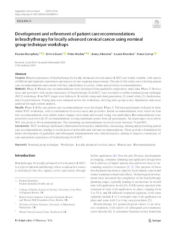 Development and refinement of patient care recommendations in brachytherapy for locally advanced cervical cancer using nominal group technique workshops Thumbnail