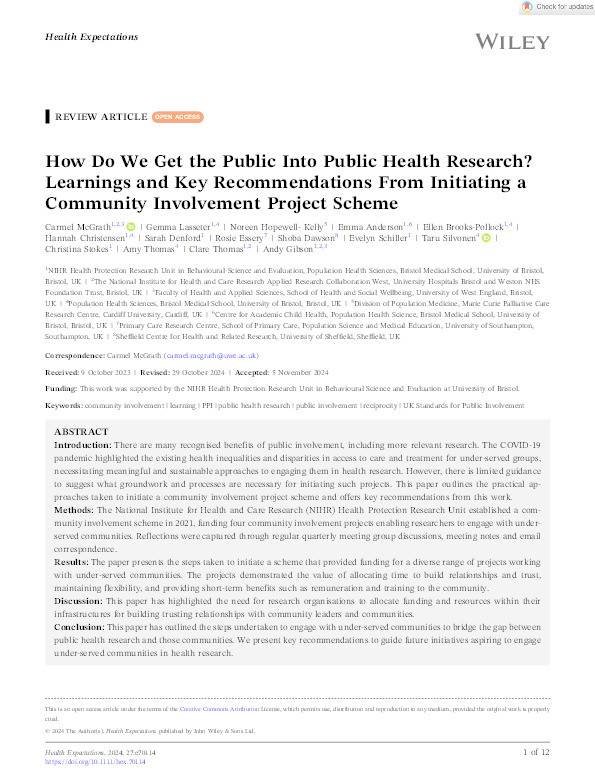 How do we get the public into public health research? Learnings and key recommendations from initiating a community involvement project scheme Thumbnail