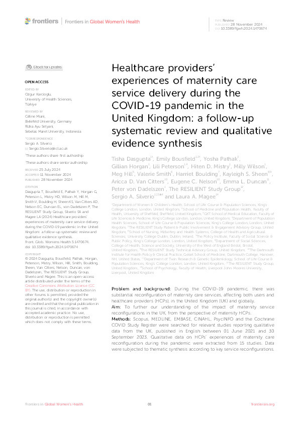 Healthcare providers’ experiences of maternity care service delivery during the COVID-19 pandemic in the United Kingdom: A follow-up systematic review and qualitative evidence synthesis Thumbnail