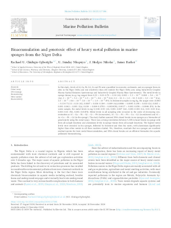 Bioaccumulation and genotoxic effect of heavy metal pollution in marine sponges from the Niger Delta Thumbnail